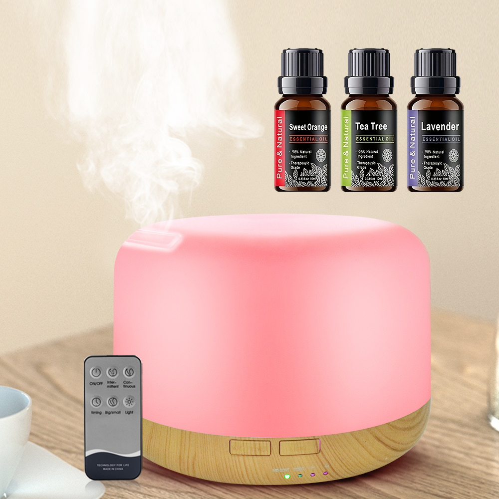 500ml diffuser with pink LED, remote, and essential oil set