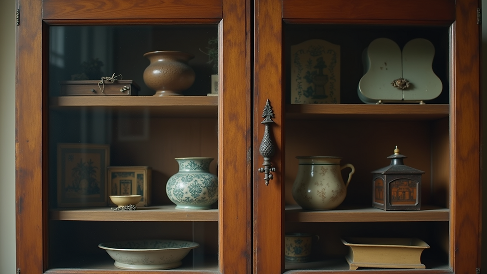Eye-level view of a vintage wooden cabinet filled with antique items