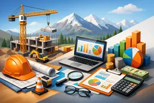 Illustration of construction bookkeeping in Wasilla, Alaska, featuring a building site, financial reports, laptop, calculator, cash, and job-costing charts.