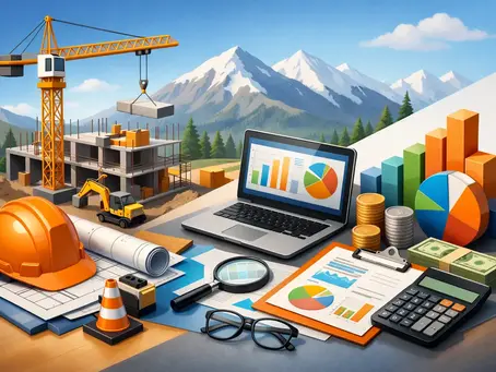 Illustration of construction bookkeeping in Wasilla, Alaska, featuring a building site, financial reports, laptop, calculator, cash, and job-costing charts.