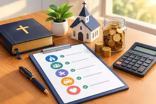 Illustration of a ministry expense checklist beside a Bible, model church, jar of coins, and calculator on a wooden desk.