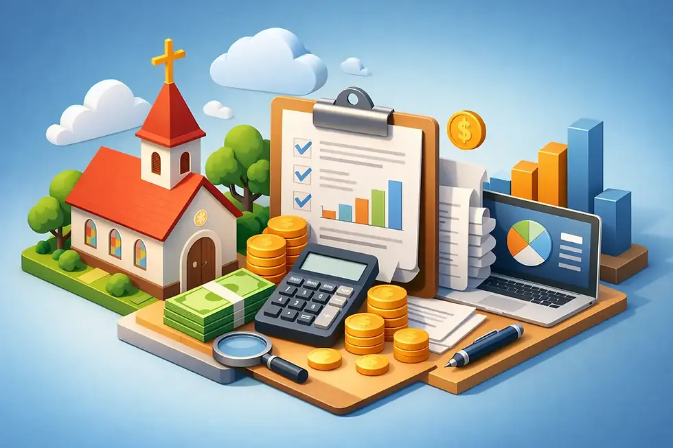 Illustration of accounts payable for churches with invoices, a calculator, financial reports, cash, and a laptop beside a church.