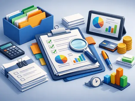 Colorful illustration of organized invoice folders, financial documents, calculator, payment cards, and bookkeeping reports for a small business.