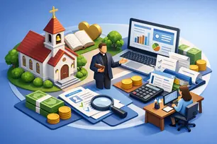 Church payroll illustration with a pastor, bookkeeper, financial reports, calculator, and church building showing bookkeeping support for pastor payroll and ministry finances.