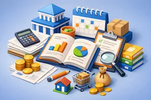 Small business sales tax records with calculator, financial reports, calendar, charts, and bookkeeping tools for tracking tax obligations.