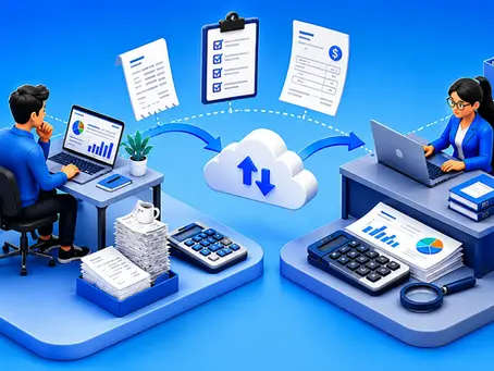 Vibrant 3D illustration of outsourced bookkeeping with a business owner and remote bookkeeper sharing financial documents through cloud accounting software, with laptops, calculators, reports, and secure bookkeeping tools