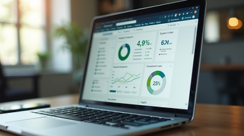 Laptop displaying a financial dashboard with charts and reports on a wooden desk.