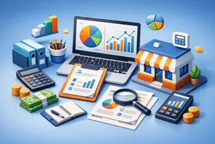 Illustration of monthly bookkeeping services for small business with financial reports, charts, calculator, laptop dashboard, cash, coins, and storefront.