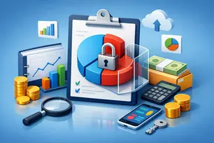 Illustration of restricted fund tracking with a locked financial chart, calculator, cash, coins, reports, cloud upload icon, and accounting tools representing secure church and nonprofit fund management.