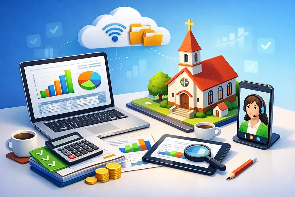 Remote bookkeeping for churches illustration with financial reports, cloud document storage, a calculator, and a church building showing digital ministry accounting support.
