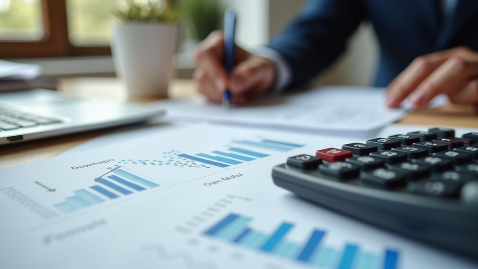 Eye-level view of a neat desk with financial documents and calculator