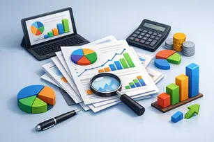 Financial reports, charts, calculator, coins, and magnifying glass illustrating the best financial report templates.