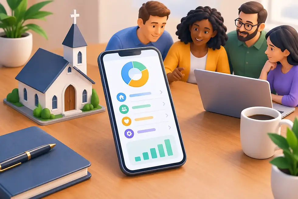 Illustration of an expense tracking app on a smartphone beside a model church and four people gathered around a laptop.