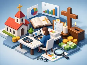 Faith-based bookkeeper managing church finances with accounting software, financial reports, donation tracking, budgeting, and stewardship tools for churches, ministries, and Christian-owned businesses.
