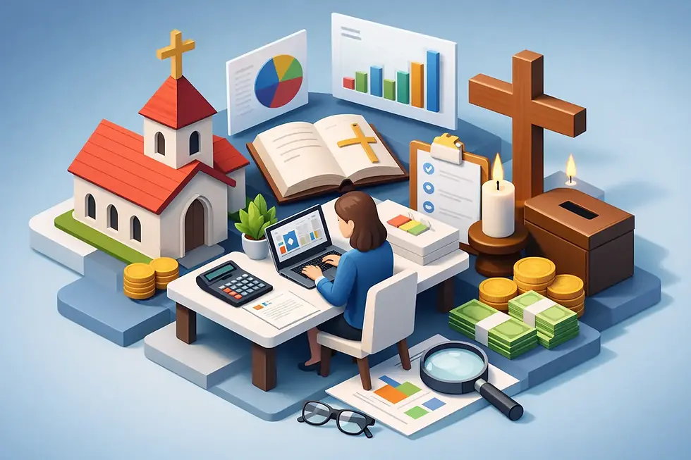 Faith-based bookkeeper managing church finances with accounting software, financial reports, donation tracking, budgeting, and stewardship tools for churches, ministries, and Christian-owned businesses.