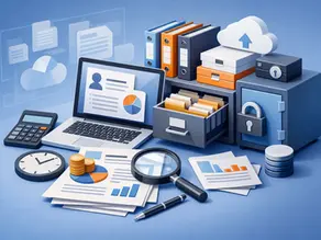 Payroll record retention illustration showing secure digital files, payroll reports, binders, cloud storage, a locked safe, and financial documents.