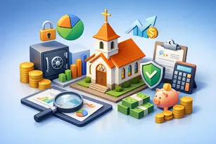 3D illustration of church financial controls with a church, safe, charts, calculator, reports, shield, coins, cash, and piggy bank representing stewardship, accountability, and church bookkeeping.