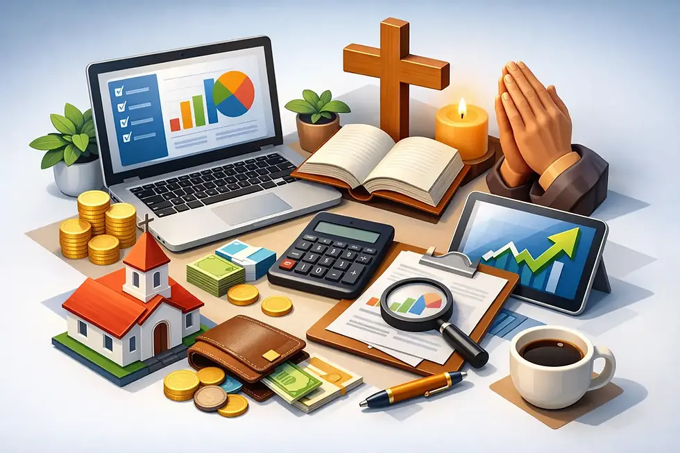 Christian entrepreneur bookkeeping tips illustration featuring a laptop, financial reports, a calculator, a church, a Bible, a cross, coins, and cash flow charts representing stewardship, clean books, and faith-based business finances.