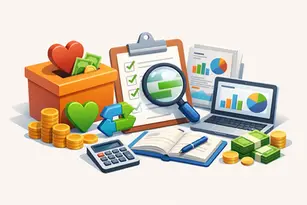Illustration of donation reconciliation with a giving box, money, a checklist, financial reports, a calculator, a ledger, and a laptop displaying charts for church and nonprofit bookkeeping.