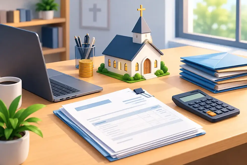 Church model beside a laptop, calculator, paperwork, and stacked coins, illustrating church accounts payable management.