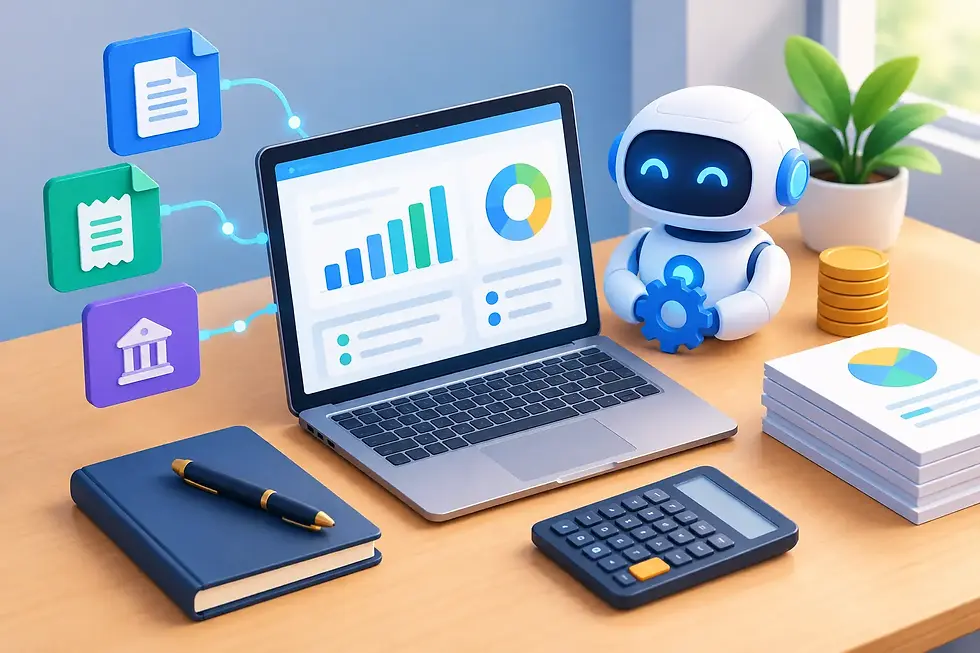 Illustration of bookkeeping automation tools with a robot beside a laptop displaying financial charts and connected receipt and bank icons.