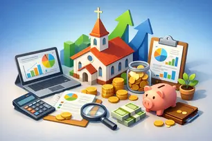 Illustration of a church surrounded by budgeting tools, financial charts, a laptop, calculator, coins, and a piggy bank.