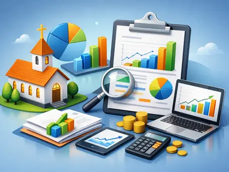 Church financial reporting illustration featuring a church, a balance sheet, charts, a calculator, a laptop, and financial analysis tools.