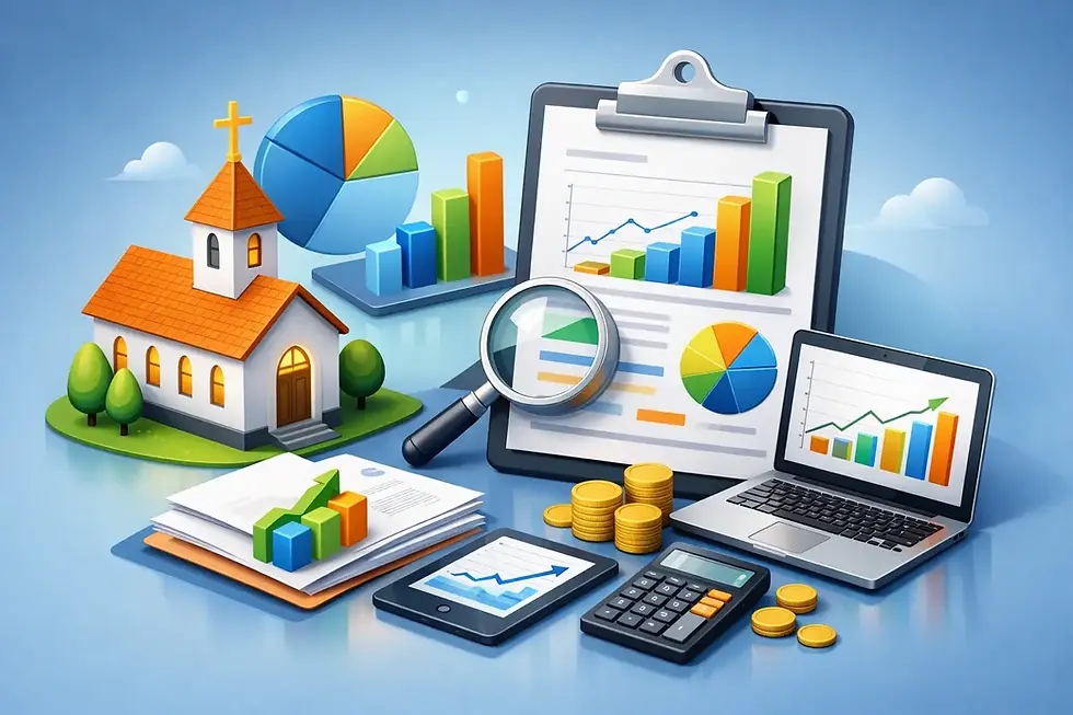 Church financial reporting illustration featuring a church, a balance sheet, charts, a calculator, a laptop, and financial analysis tools.