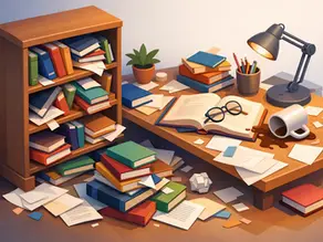 Illustration of a cluttered desk, overflowing bookshelf, scattered papers, books, lamp, and spilled coffee representing messy bookkeeping records and disorganized financial reports.
