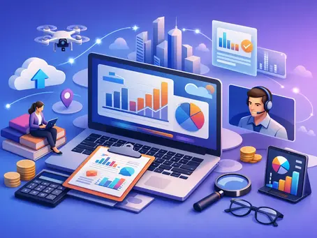 Illustration of remote bookkeeping services with financial reports on a laptop, cloud tools, automation, and a virtual bookkeeper.