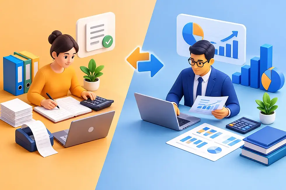 Illustration comparing bookkeeping versus accounting services, showing a bookkeeper managing financial records and an accountant analyzing financial reports and business performance.