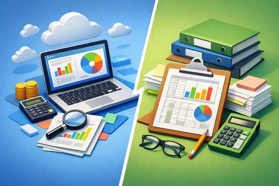 Illustration comparing cloud accounting software with spreadsheet bookkeeping, featuring financial reports, calculators, files, and charts.