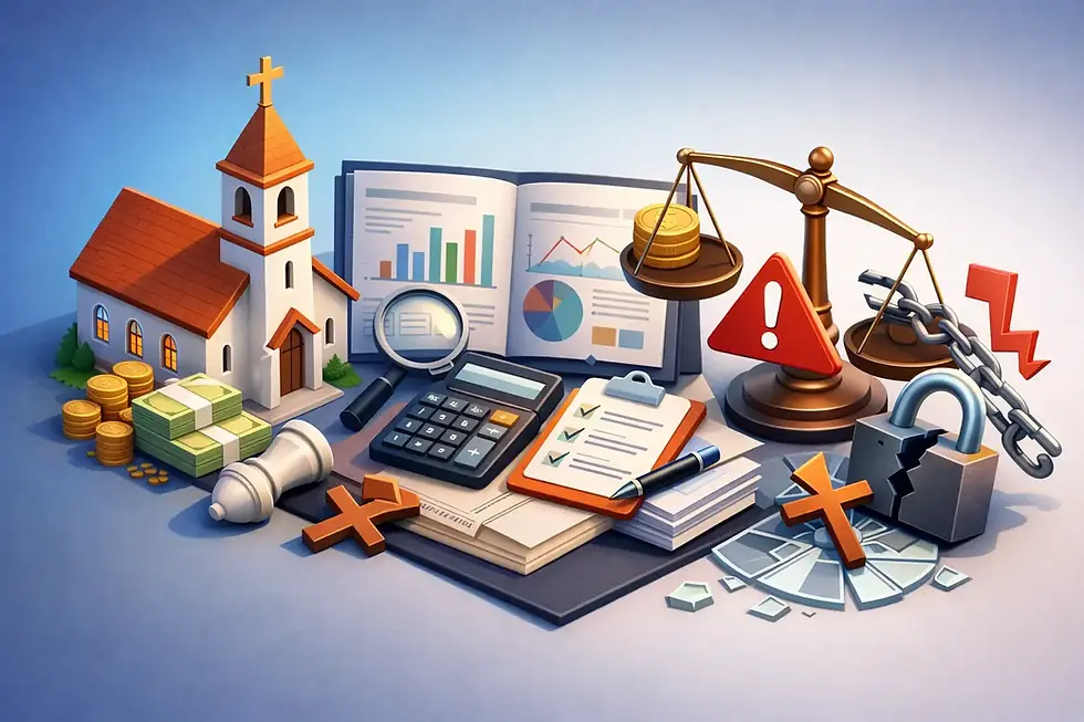 Illustration of common church accounting errors with a church, financial reports, calculator, warning sign, broken lock, cash, and balance scale.