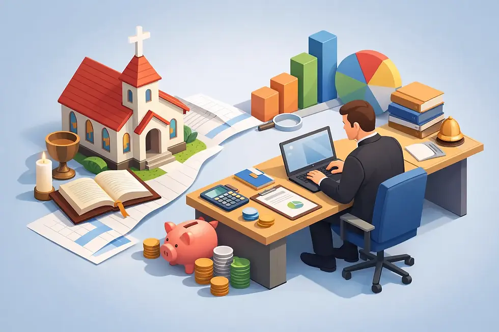 Illustration of a church bookkeeper reviewing financial reports, calculator, donations, and church records for accurate church bookkeeping.