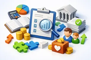 Colorful 3D illustration of account reconciliation with a financial checklist, magnifying glass, bank, records, coins, donation box, charts, and check marks.