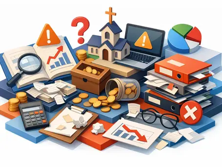 Illustration of common ministry bookkeeping mistakes, including missing receipts, unreconciled accounts, unclear reports, restricted funds, and disorganized financial records.