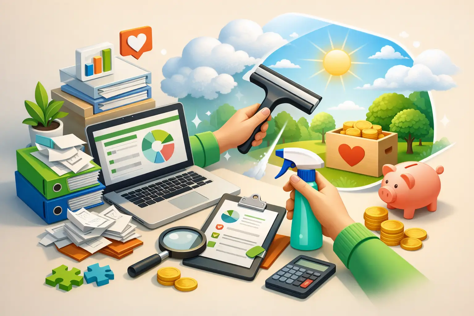 Hands cleaning nonprofit financial records beside a laptop, donation box, calculator, piggy bank, and organized bookkeeping files.