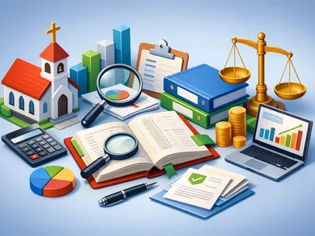 Illustration of audit-ready books for churches and ministries with financial reports, accounting records, calculator, compliance documents, and stewardship symbols