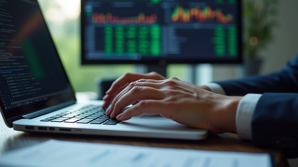 Close-up view of hands typing on a laptop with financial spreadsheets on screen
