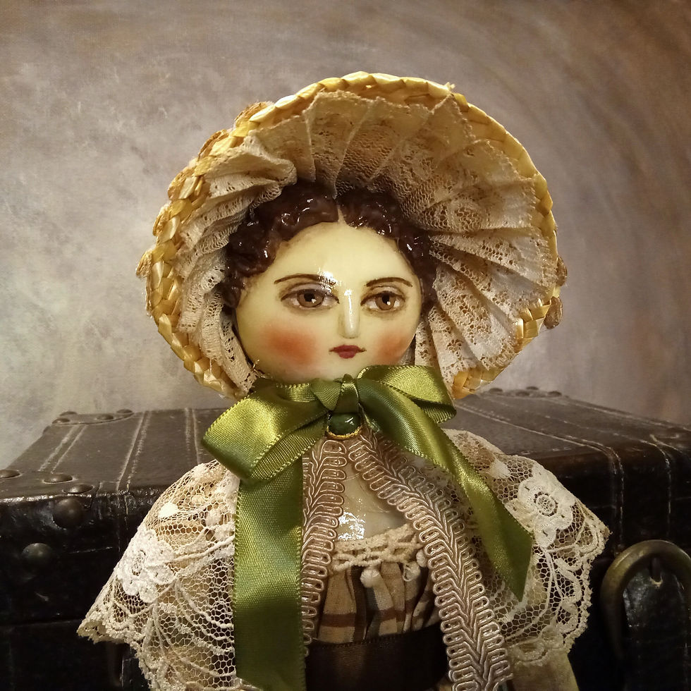 Thumbnail: Regency Style Doll Bonnet, Gloves, Jewelry, Earth Tone Plaid
