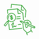 A green icon of a hand signing a contract along with a symbol of a magnifying glass to represent due diligence and a US dollar sign to represent financial interests in commercial deals that our De Beer Attorneys commercial law department provides its clients. This department has commercial lawyers that handle matters related to intellectual property law that intersect with contract law, environmental law, competition law, corporate governance and civil litigation, commercial intellectual property law