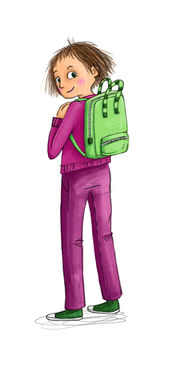 Kinderbuch-Illustration von einem Mädchen in violetter Kleidung mit einem grünen Rucksack, stehend, halb von hinten