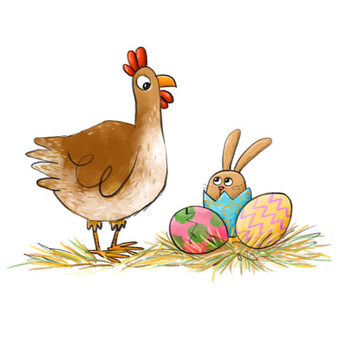 Illustration von einem Huhn, das drei Ostereier anschaut, aus einem der Eier schlüpft ein Hase