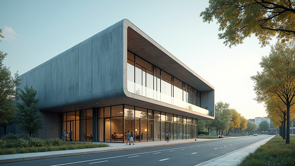Wide angle view of modern sustainable building with glass facade