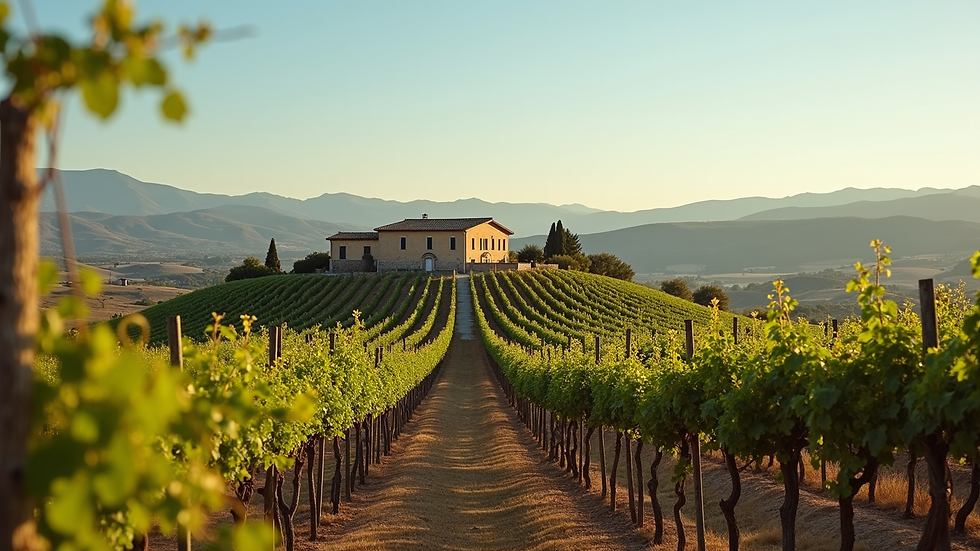 Wide angle view of a Sicilian vineyard with a rustic farmhouse in the background
