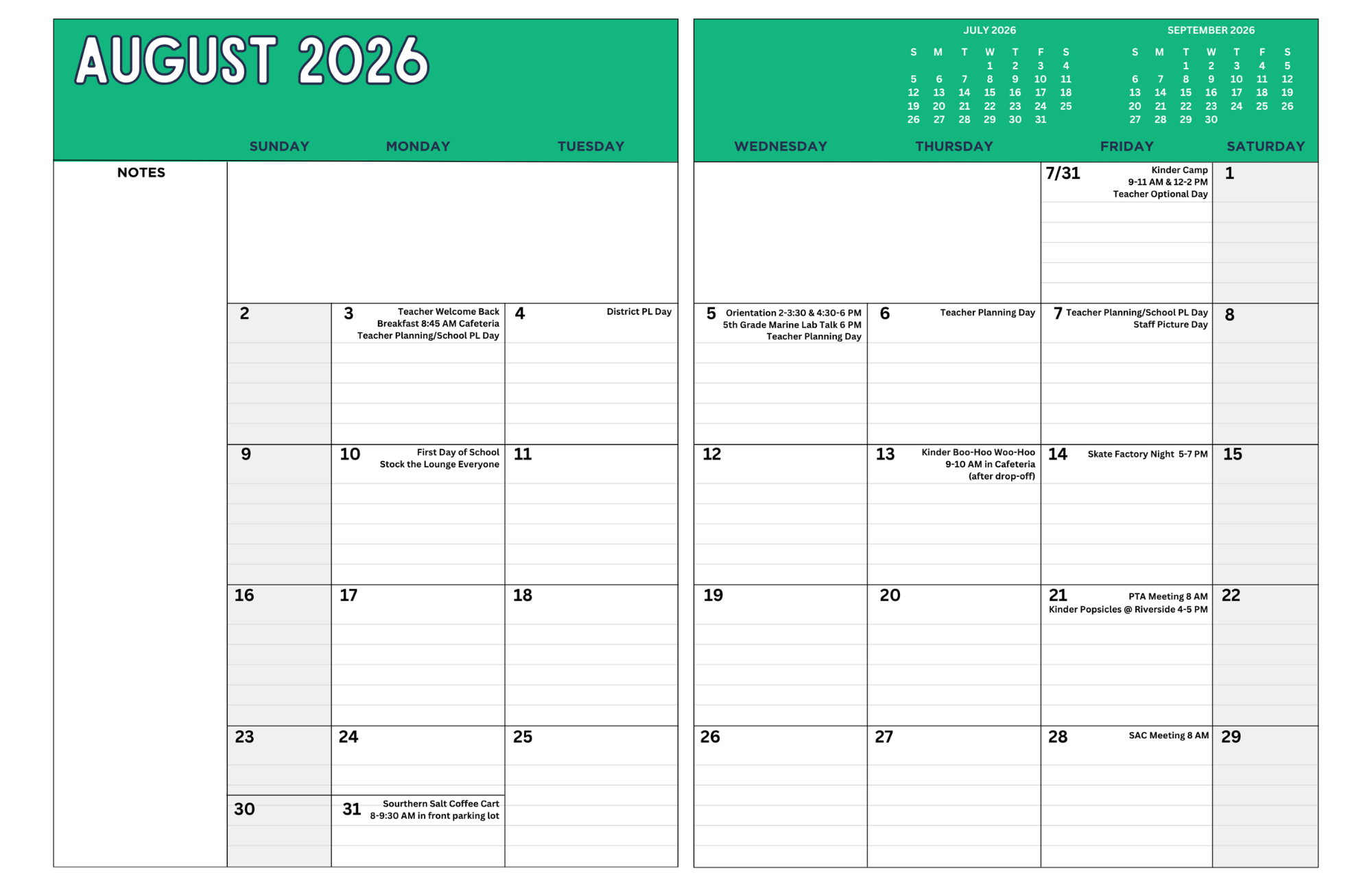 2026-2027 School Monthly Planner