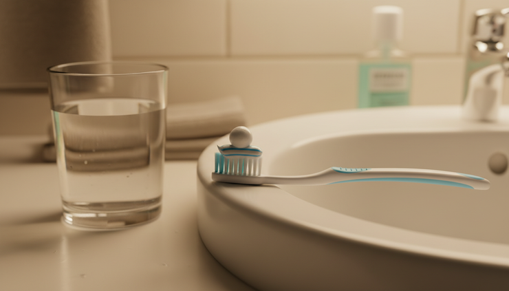 Close-up view of a toothbrush and toothpaste beside a bathroom sink at night.