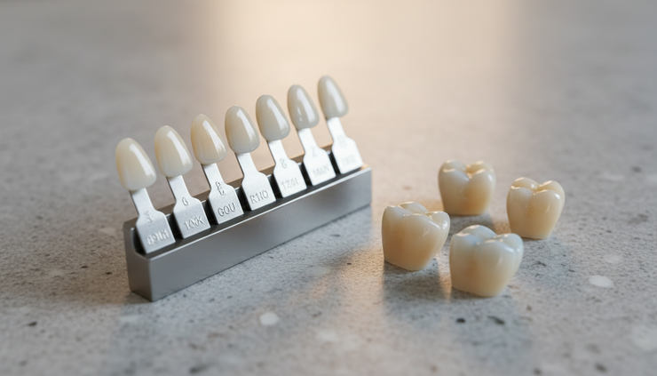 Close-up view of a dental shade guide beside front ceramic crowns