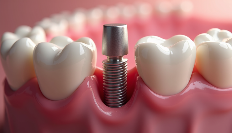 رؤية مقربة لزرعة أسنان داخل عظم الفك توضح التئام العظم حول الزرعة