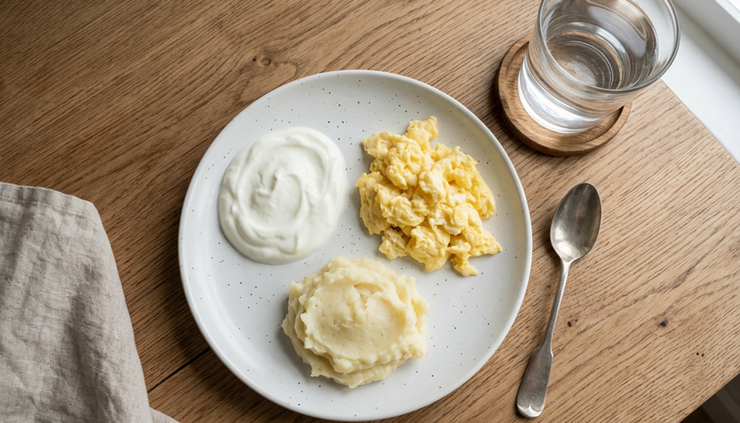 Top-down view of soft foods on a plate beside a glass of water after oral surgery.